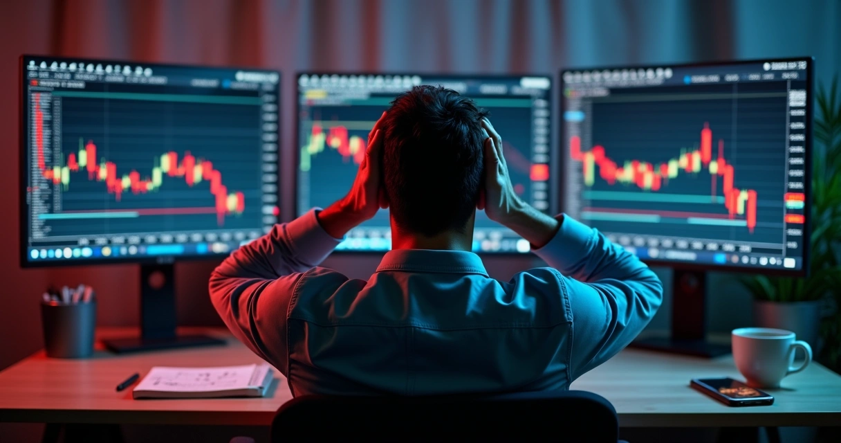 Homem sentado diante de várias telas de computador, segurando a cabeça diante de gráficos em queda 