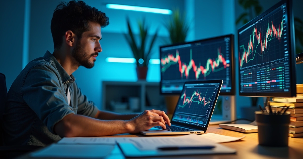 Homem estudando gráficos e livros de Forex na mesa 