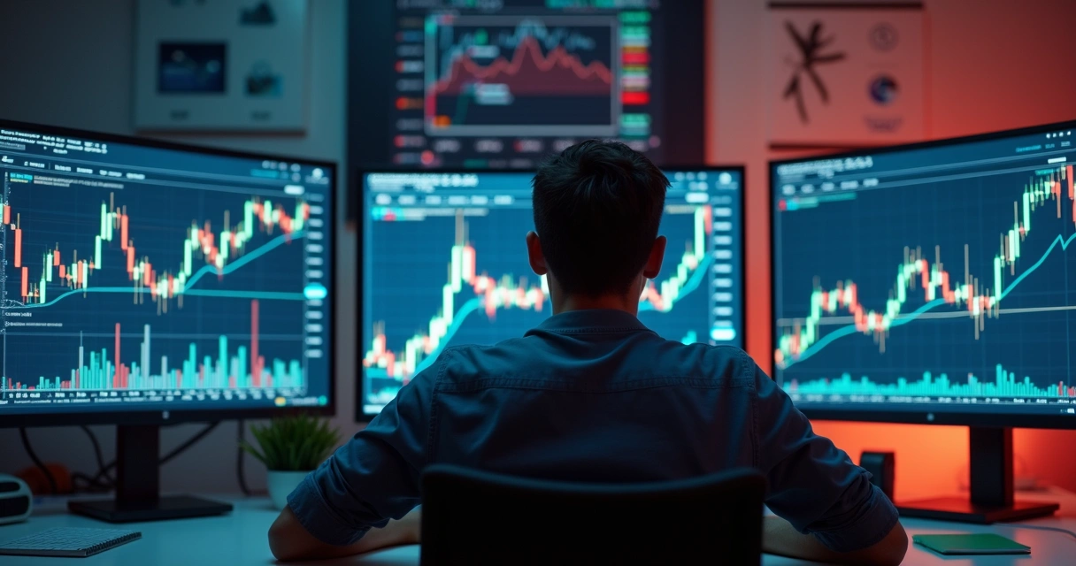 Pessoa sentada diante de múltiplas telas com gráficos de criptomoedas, expressão séria, luz ambiente suave