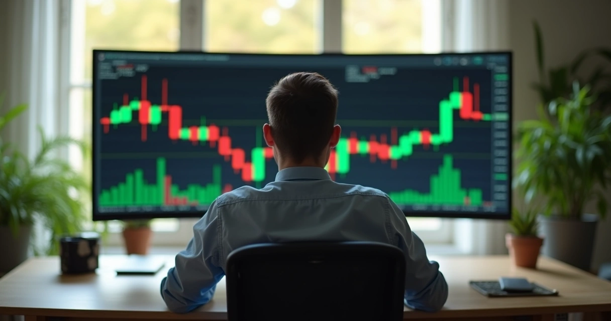 Pessoa serena sentada frente ao gráfico financeiro estável em tela. 