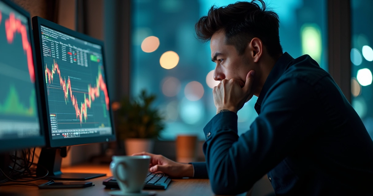 Trader demonstrando tensão ao analisar gráficos financeiros 