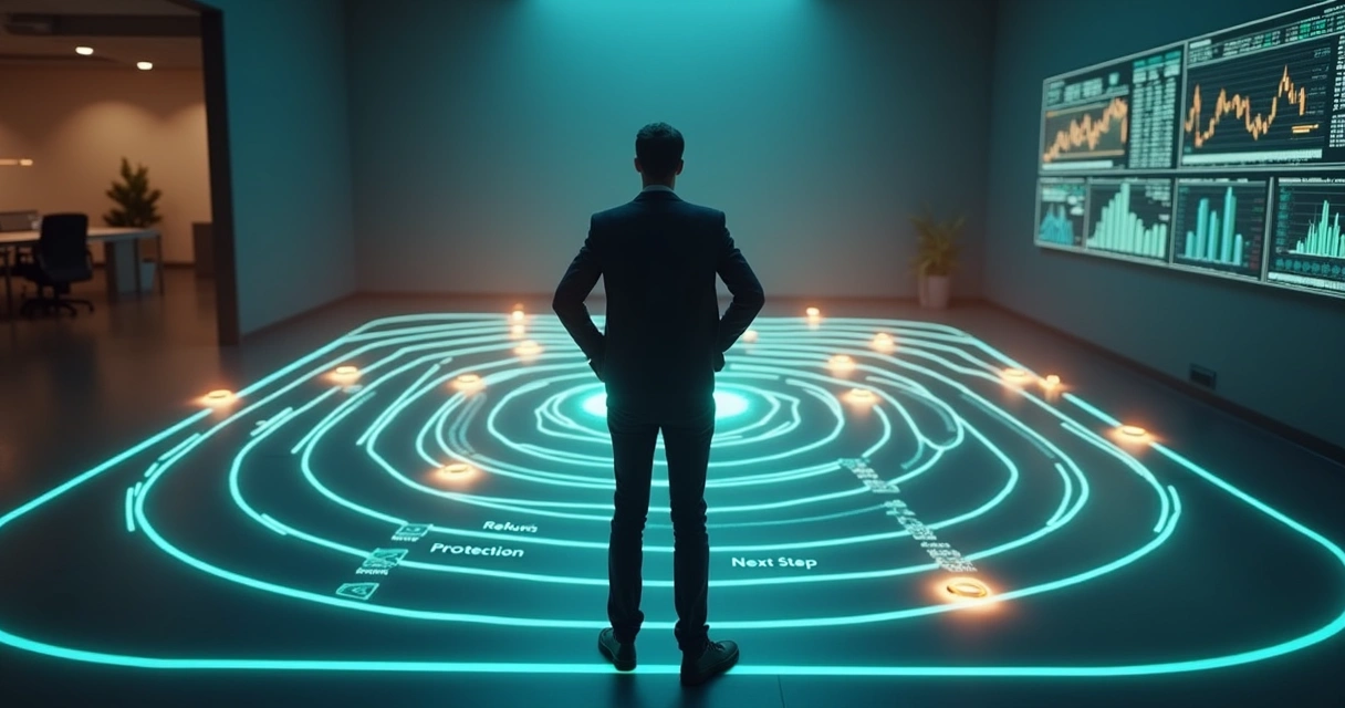 Trader observa labirinto de caminhos financeiros com placas indicando risco e proteção 