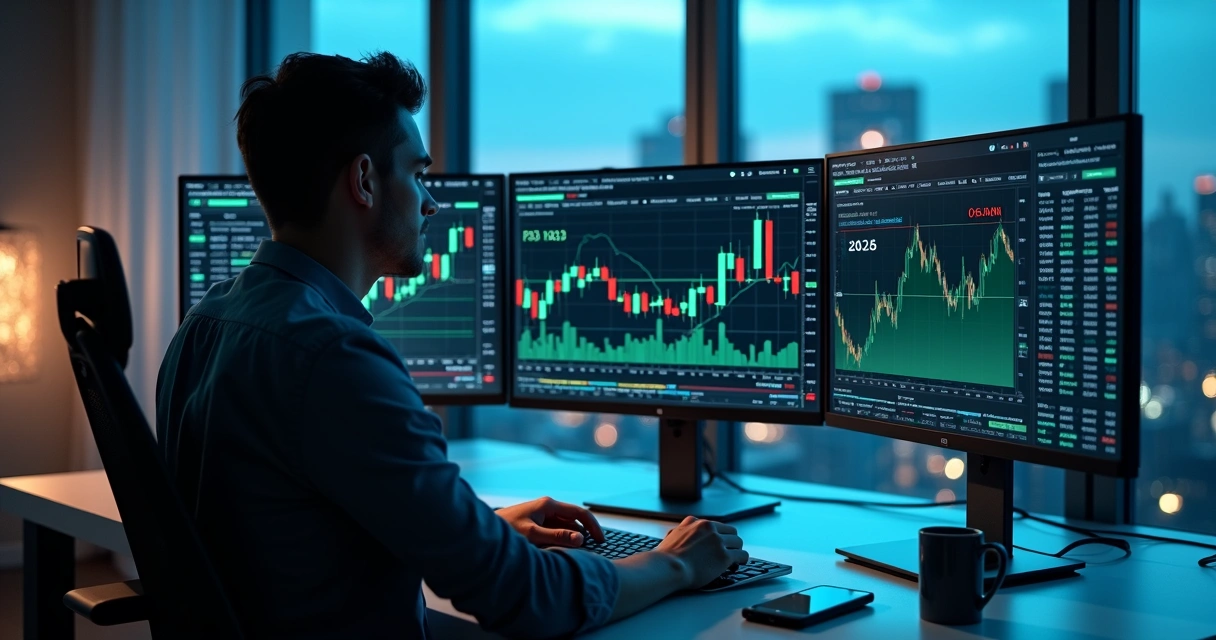 Trader analisando gráficos e comparando planos de mesa proprietária em 2026 