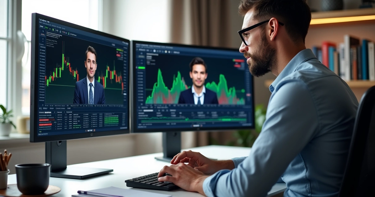 Trader estudando mentoria online com dois monitores exibindo gráficos de mercados nacional e internacional
