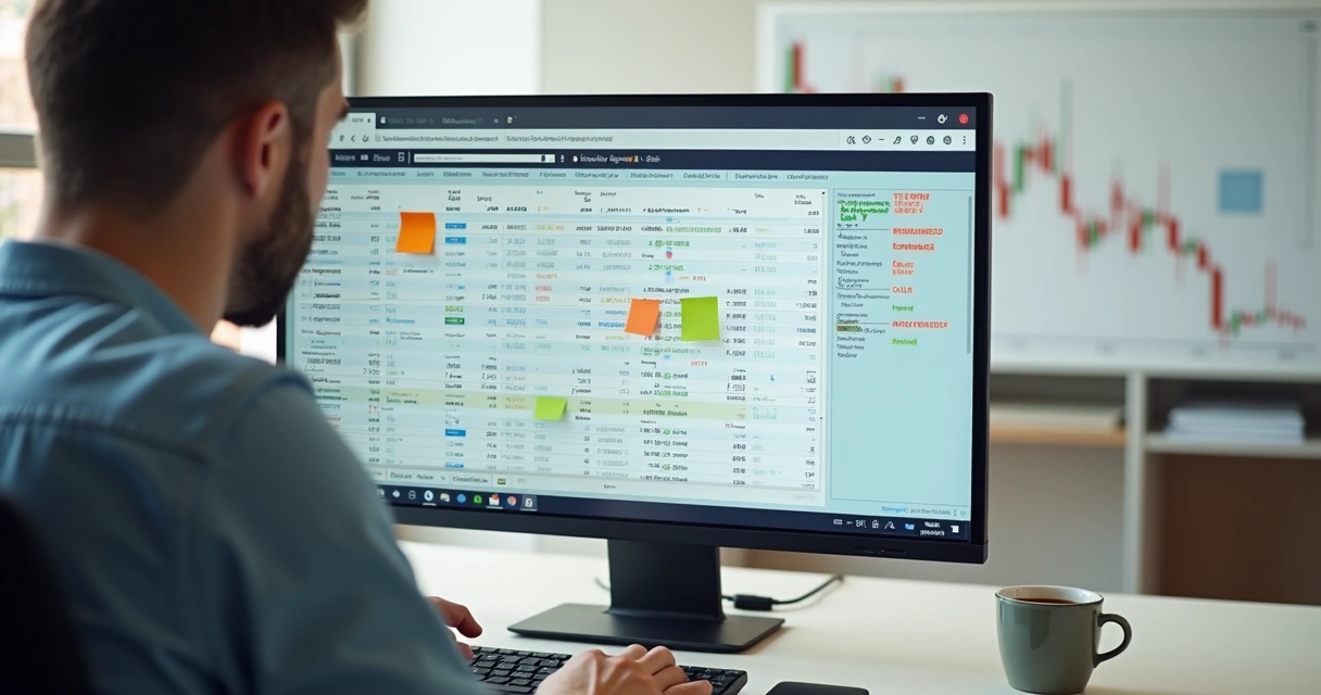 Trader estudando com computador e planilhas na tela, ambiente claro