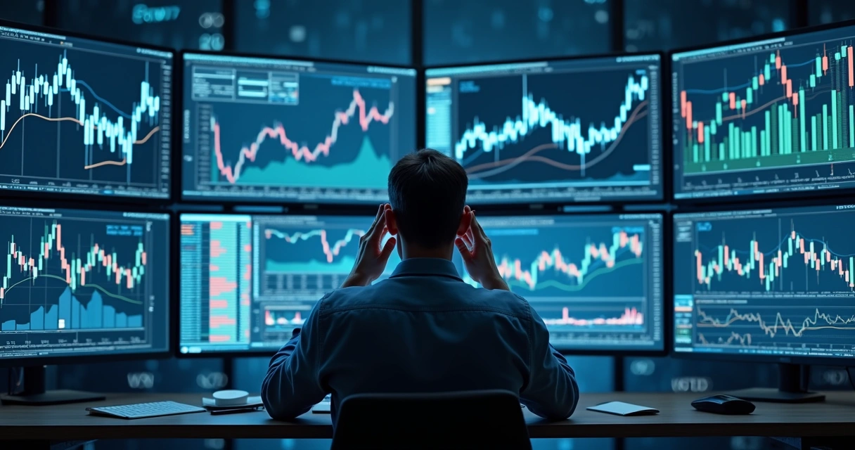Trader sentado em frente a múltiplas telas mostrando gráficos e números, com expressão de cansaço e concentração, ambiente de escritório moderno e iluminação fria 
