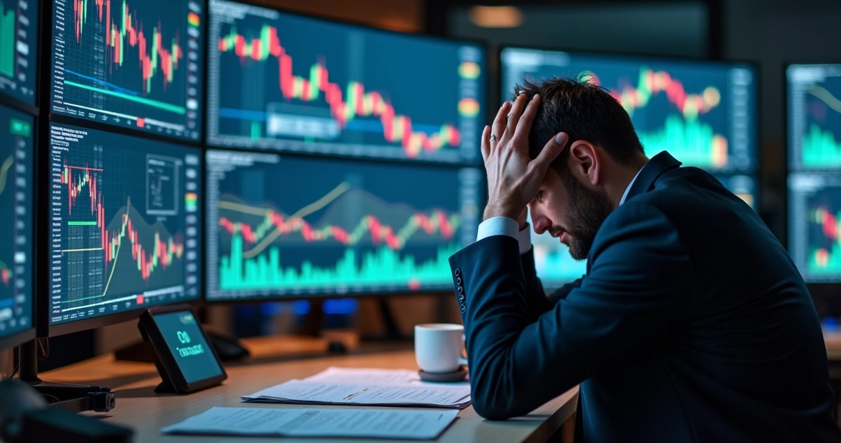 Trader exausto observando múltiplas telas com gráficos de trading 