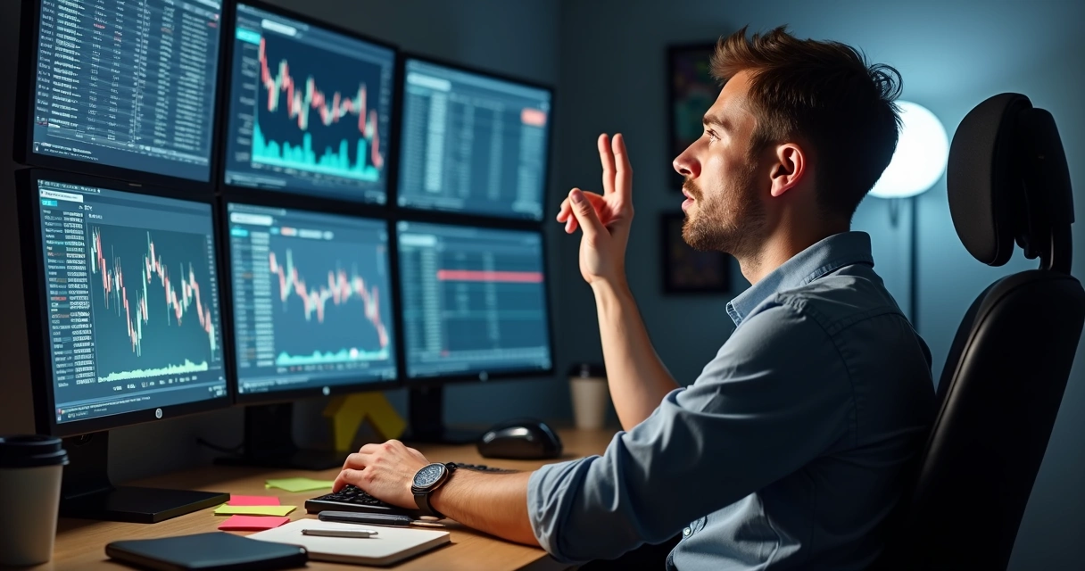 Trader falando sozinho para a tela do computador enquanto opera 