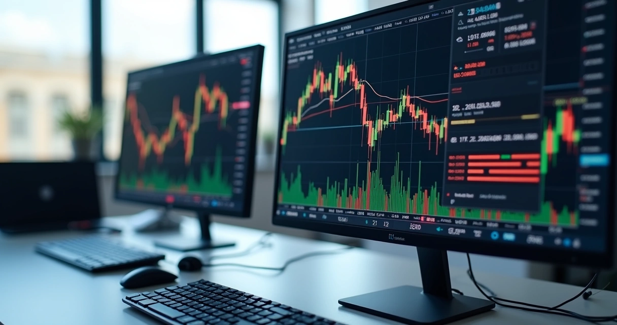 Painel de trading digital com gráficos e alarmes ativos, ambiente claro e tela com várias informações 