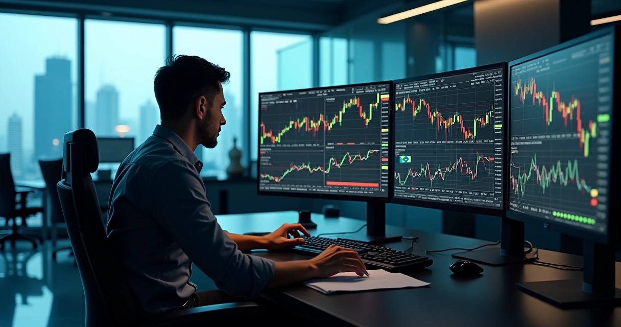 Trader analisando gráficos em várias telas em ambiente profissional moderno 