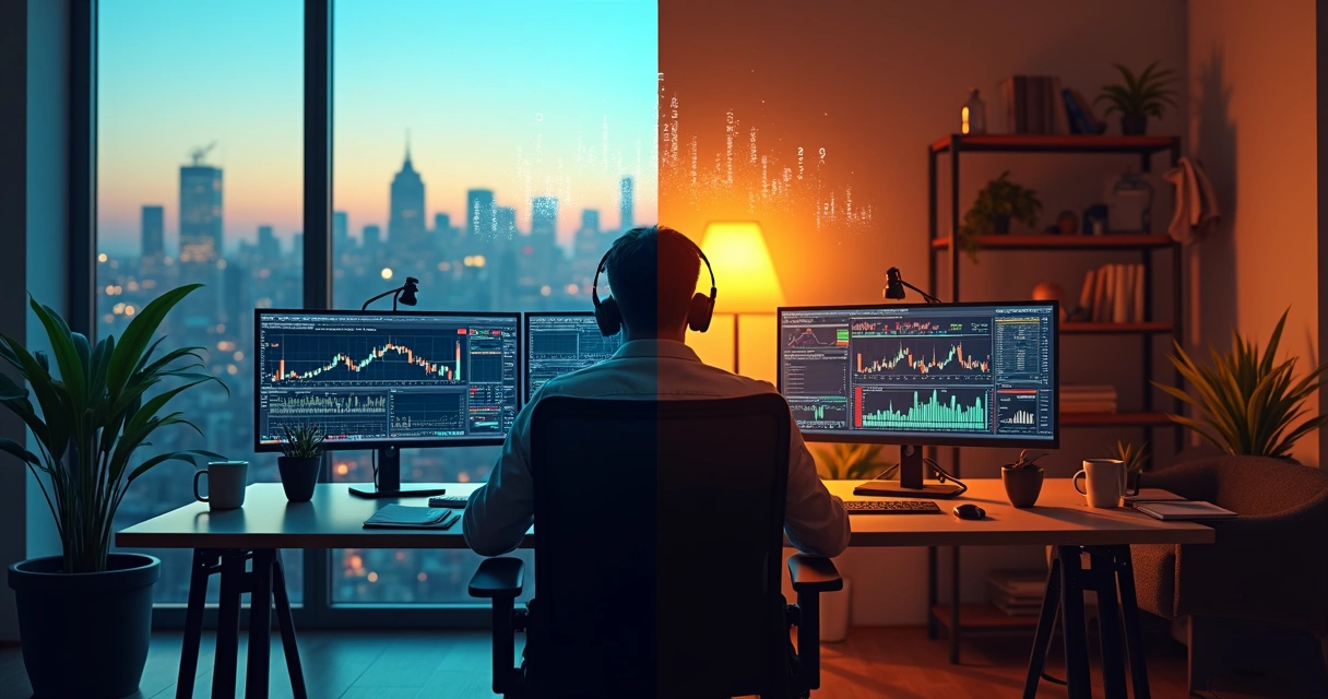 Comparação visual entre trader financiado e trader autônomo em ambiente de trading moderno 