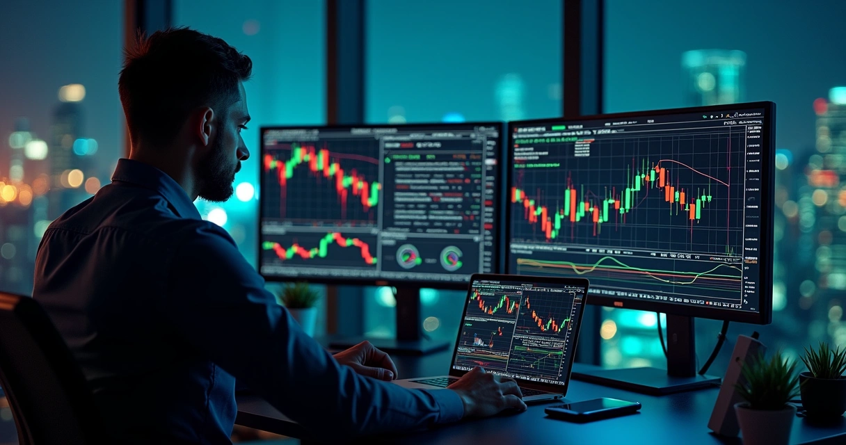 Trader analisando gráficos com foco em gestão de risco em mesa proprietária 