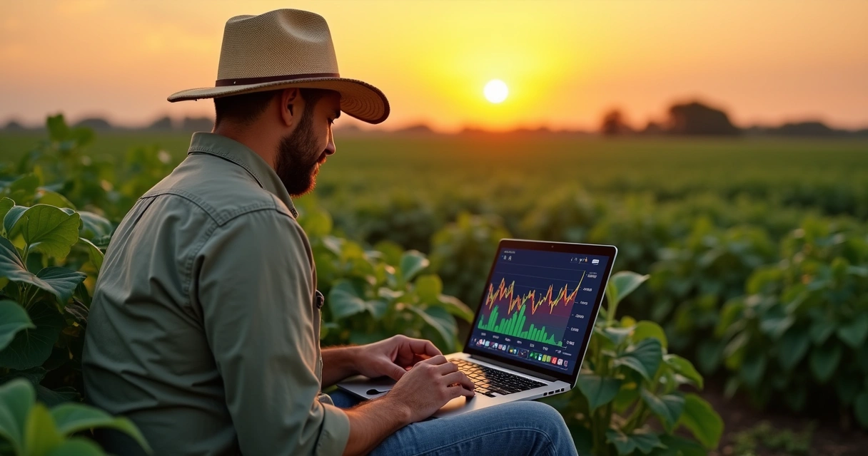 Produtor rural analisando gráfico no laptop no campo