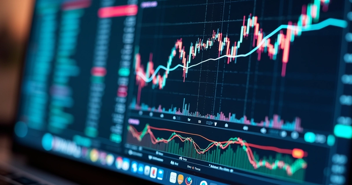 Tela de computador com gráficos e notícias de criptomoedas 