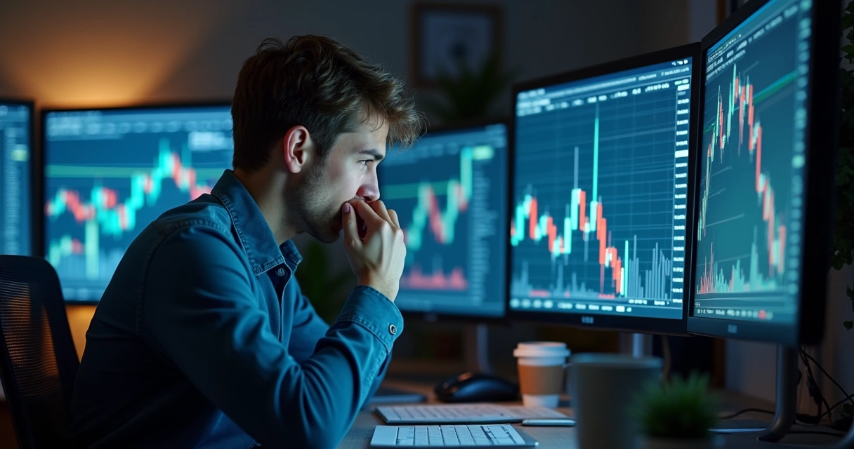 Jovem trader nervoso olhando para telas de trading 