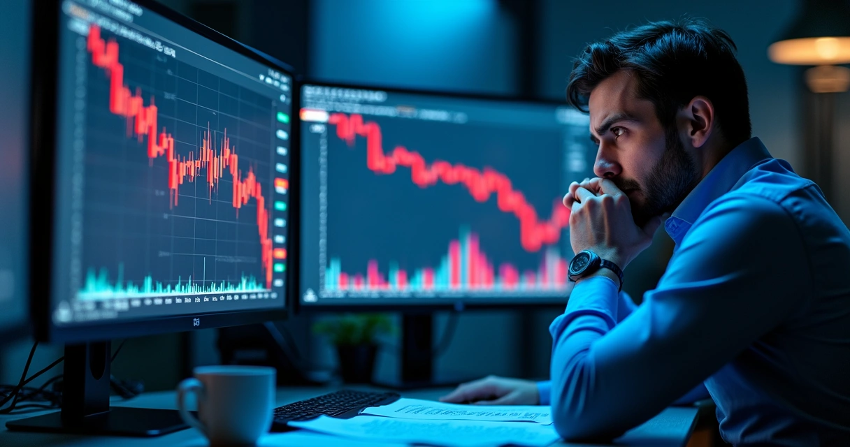 Day trader with worried face in front of red stock charts 