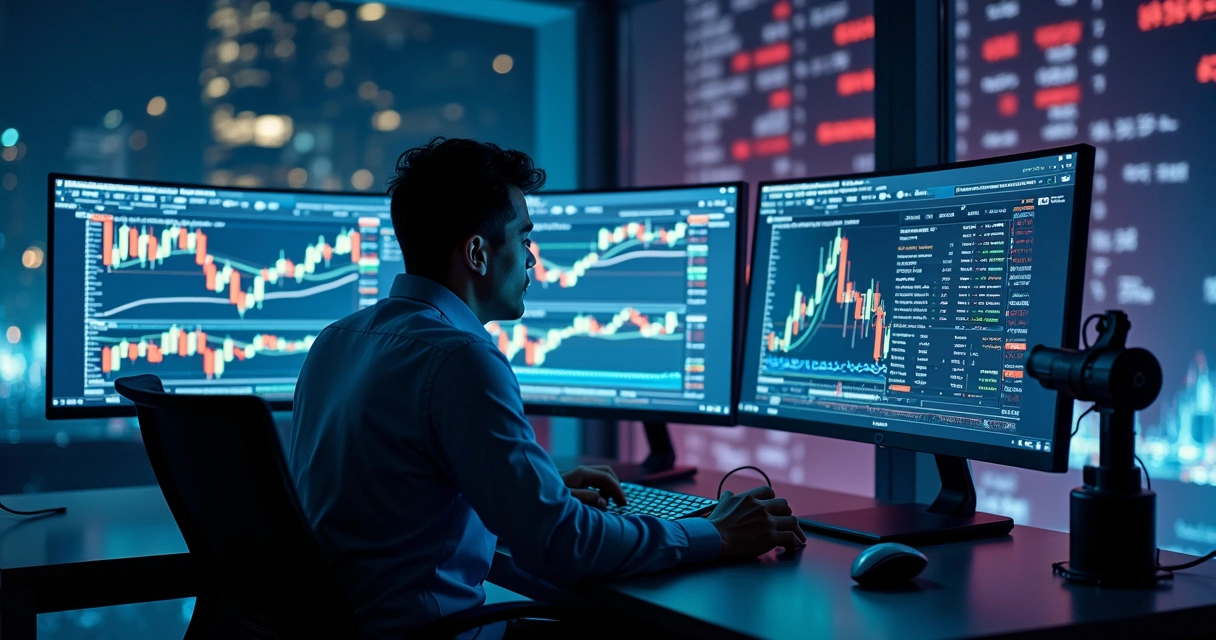 Trader manual analisando gráficos em tela enquanto robô algorítmico executa ordens automaticamente em várias telas digitais 