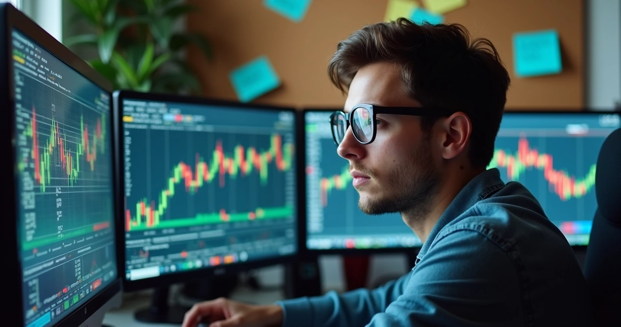 Trader looking at monitors with finance charts and trading graphs