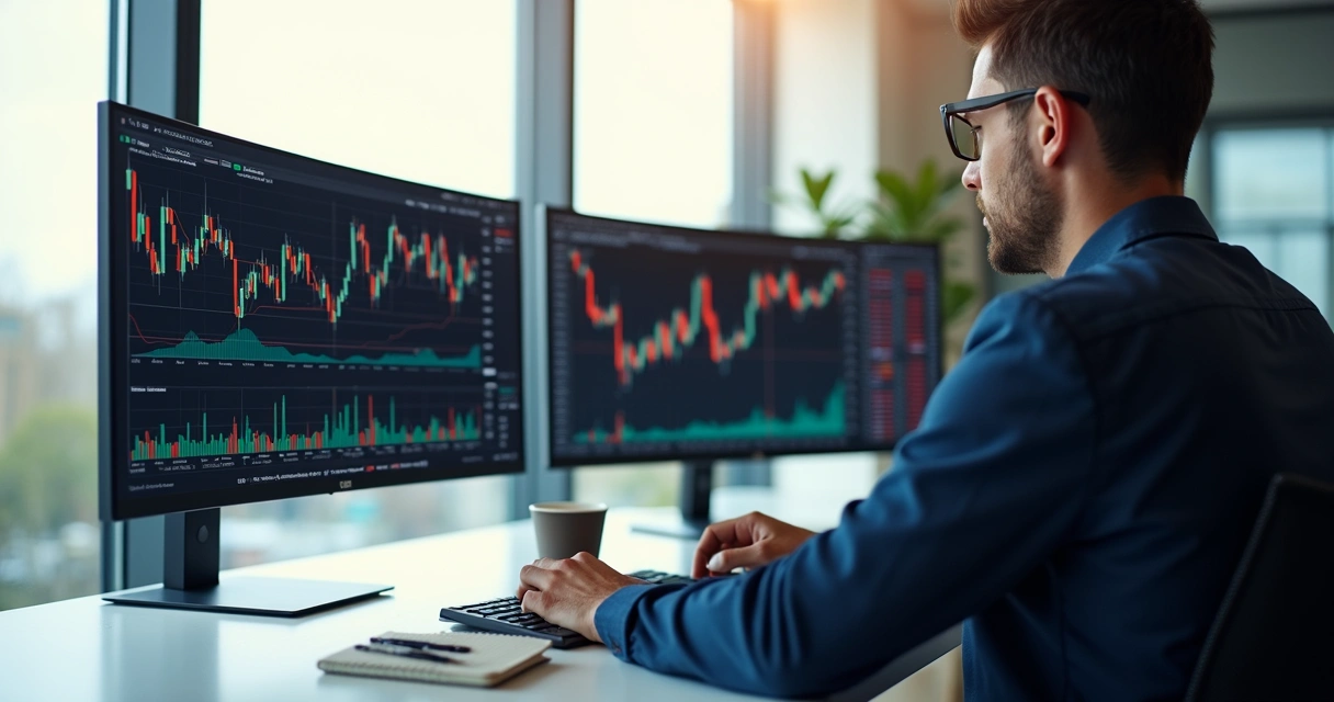 Trader analyzing capital dashboard on monitor.