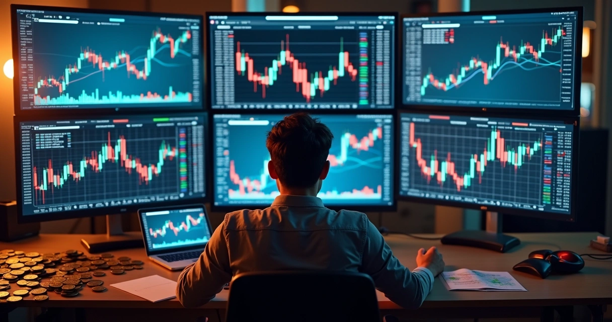 Pessoa monitorando vários bots de trading em computadores e gráficos 