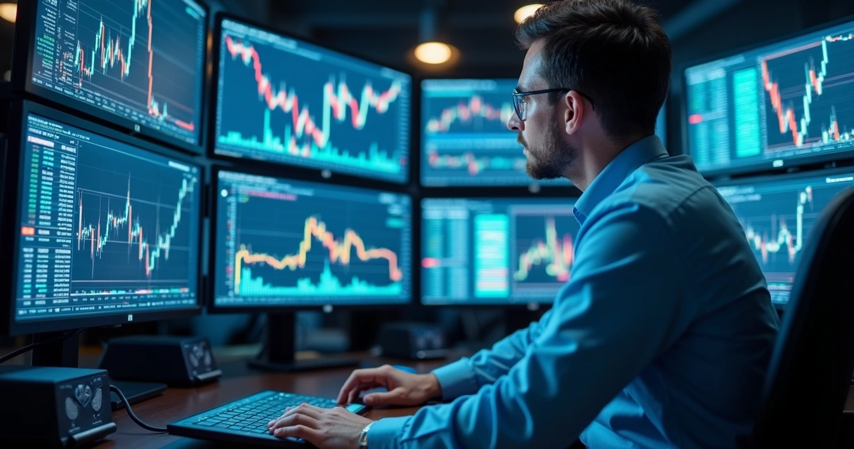 Trader monitorando múltiplos gráficos e alertas em telas ultradetahadas de trading algorítmico em ambiente moderno 