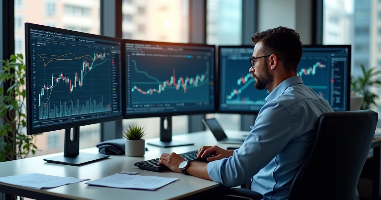 Trader at desk monitoring futures, options, and forwards contracts 