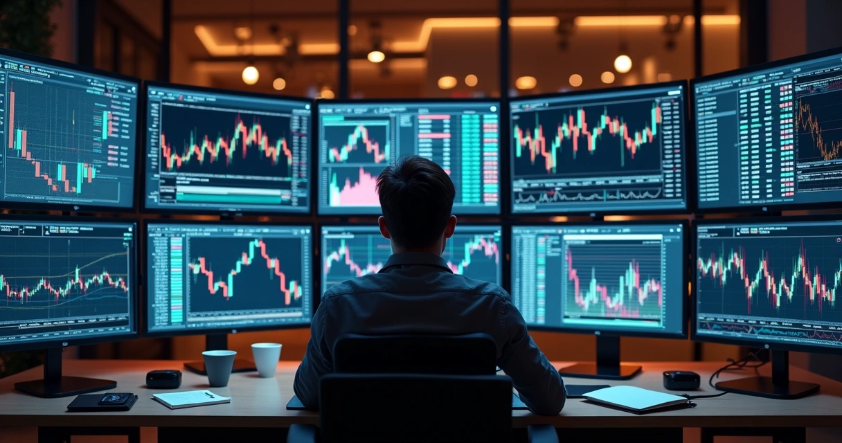 Trader humano com vários monitores gerenciando muitos ativos 