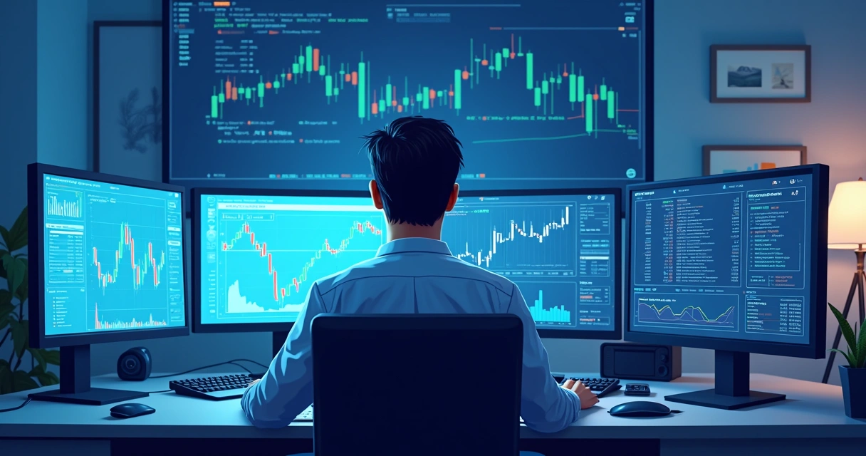 Profissional de trading monitora gráficos de criptomoedas com robô operando em tela