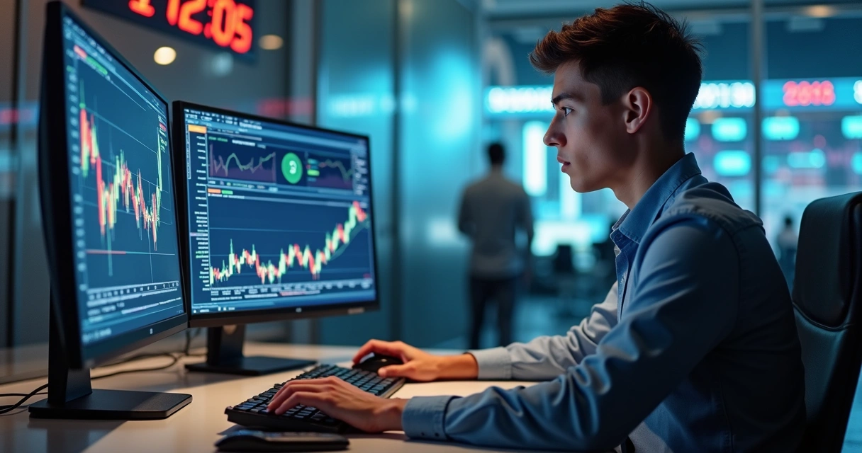 Trader operando em computador com gráficos financeiros na tela em ambiente de escritório 