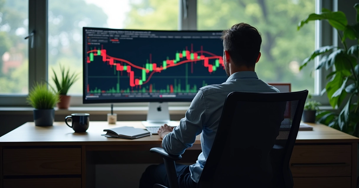 Trader fazendo uma pausa, sentado em cadeira diante de computador com gráficos financeiros na tela, causando atmosfera calma e reflexão 