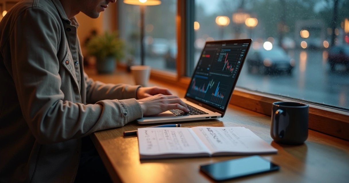Trader sentado em cafeteria fechando o notebook para fazer pausa após perdas 