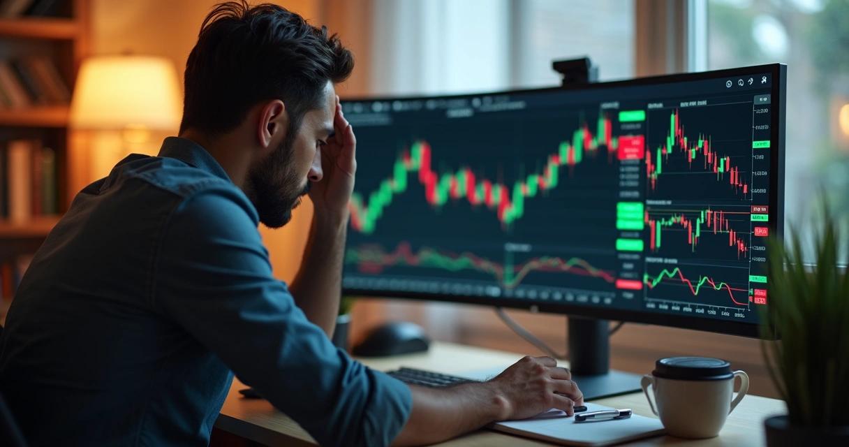 Trader sentado em frente ao computador com expressão concentrada, segurando a cabeça com uma mão e olhando para gráficos na tela 