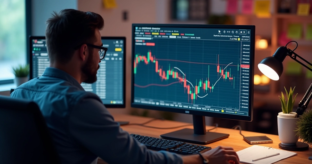 Trader ajustando parâmetros de bandas de Bollinger em tela 