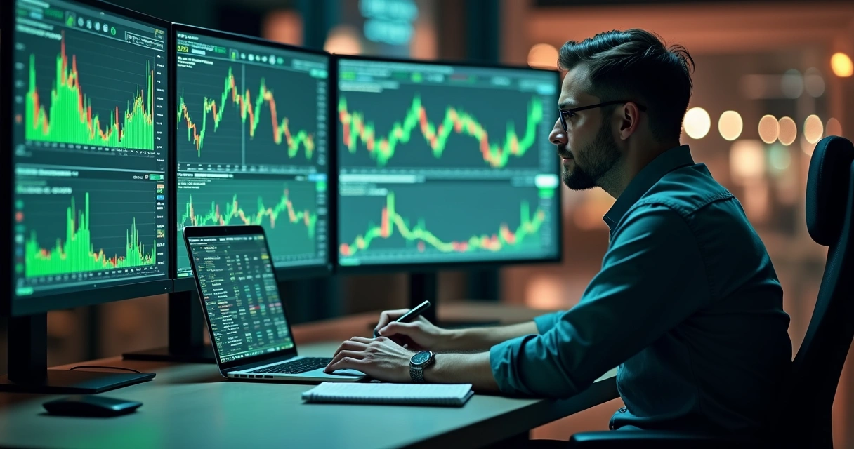 Trader analisando gráficos e planejando estratégias em ambiente de escritório moderno com telas digitais 