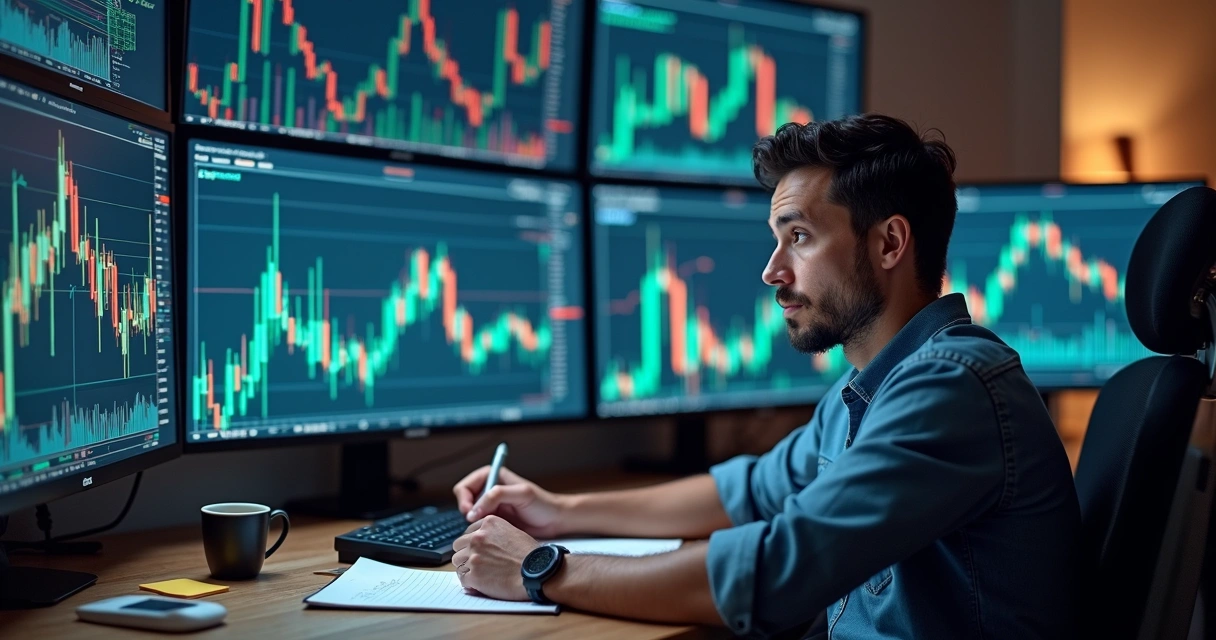 Pessoa observando vários monitores com gráficos financeiros e anotando ideias em um caderno. 