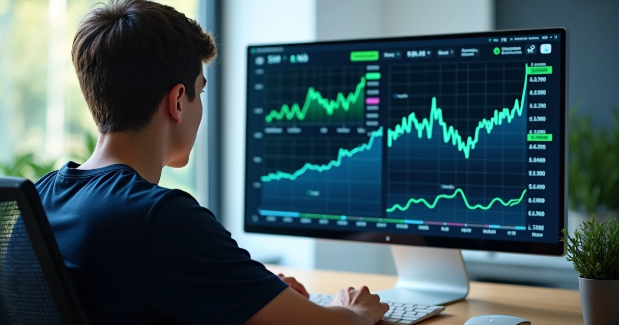 Pessoa em frente a tela de computador com gráficos de mercado previsões 