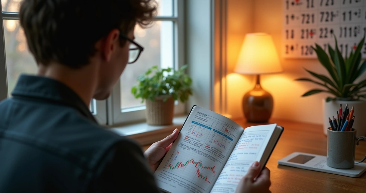 Person reviewing diary with trade charts and handwritten notes 