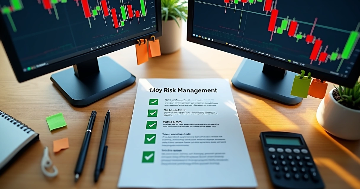 Risk management checklist with trading tools and charts