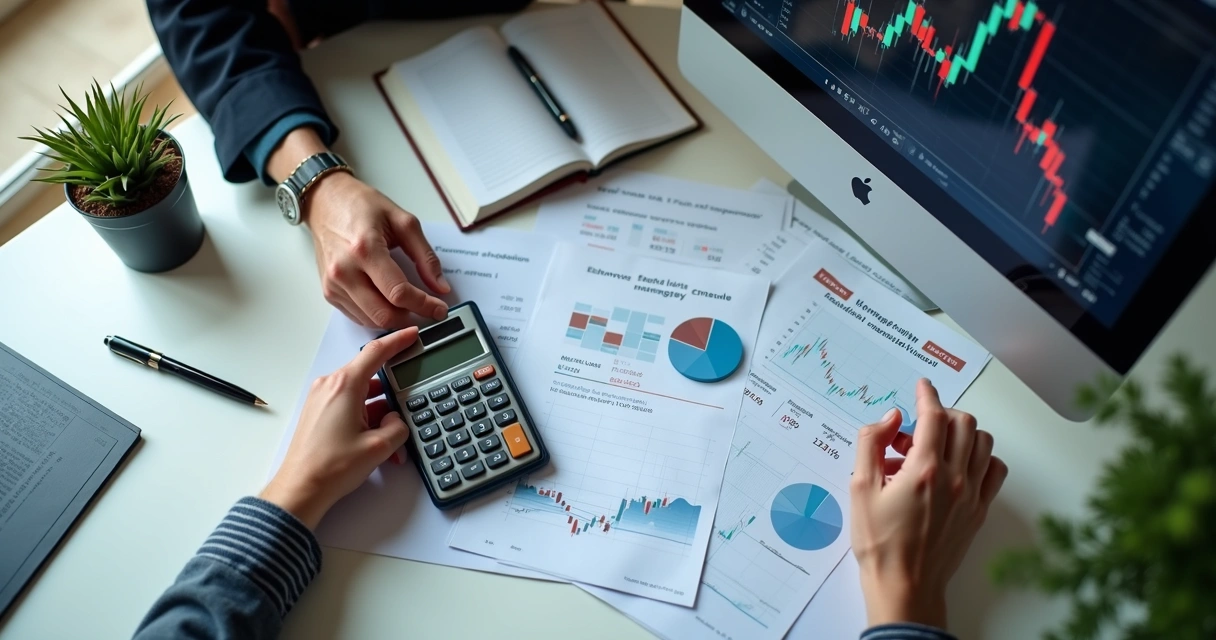 Trader calculating risk management on desk with charts and calculator 