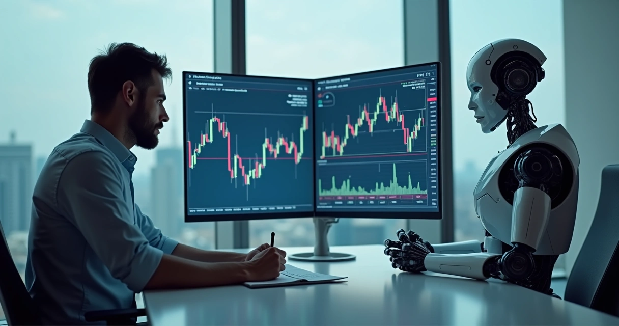 Robô e trader humano analisam gráficos de mercado juntos 