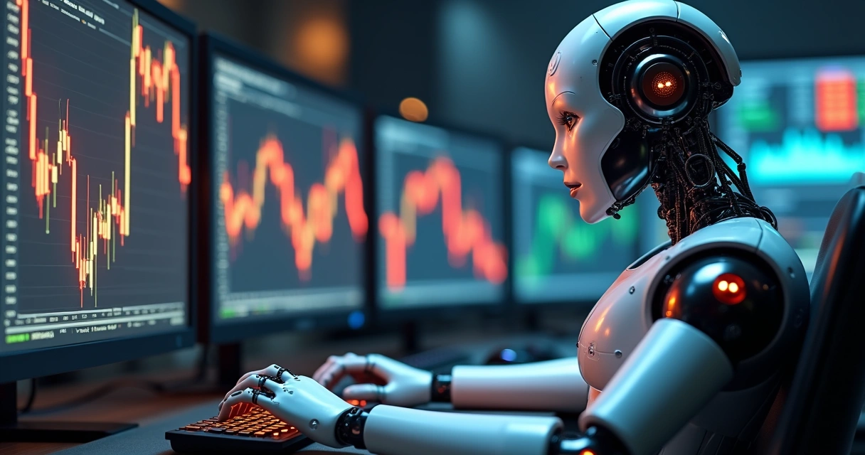 Robô trader em frente ao monitor com gráficos de moedas