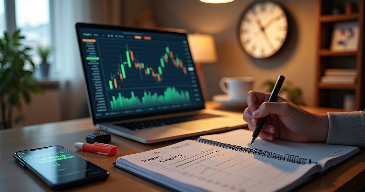 Trader organiza rotina com relógio, agenda e app de investimentos no fim do dia 