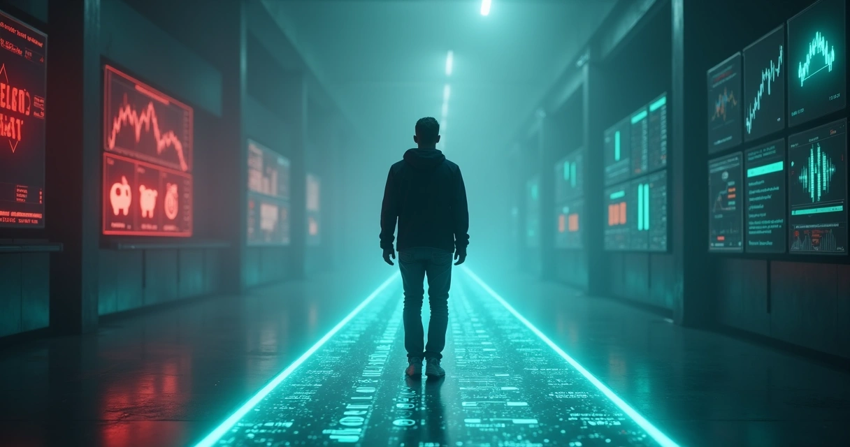Trader caminhando sobre trilha luminosa entre probabilidades e sinais de alerta 