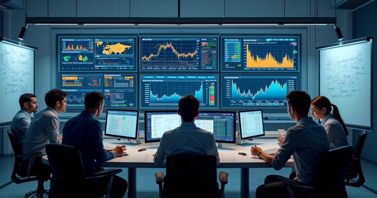 Trader team collaborating with AI system analytics