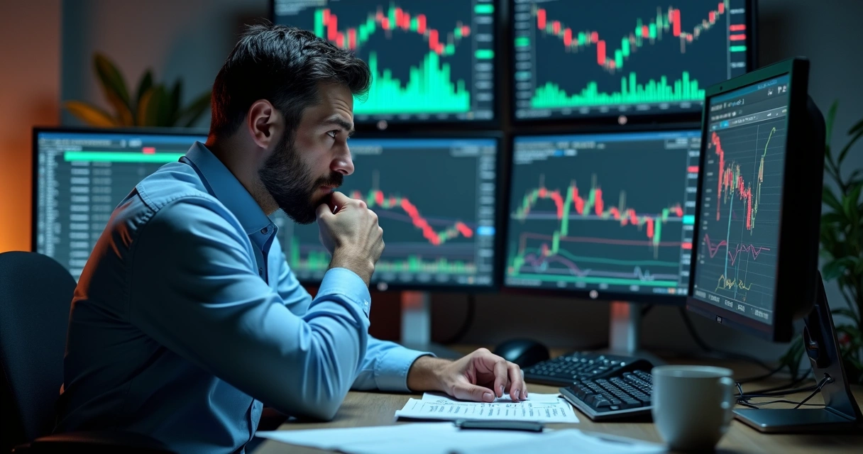 Trader preocupado observa gráficos em tela de computador 