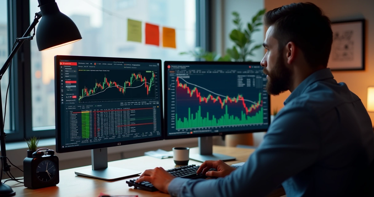 Trader acompanhando gráficos de backtest em duas telas com resultados em tempo real
