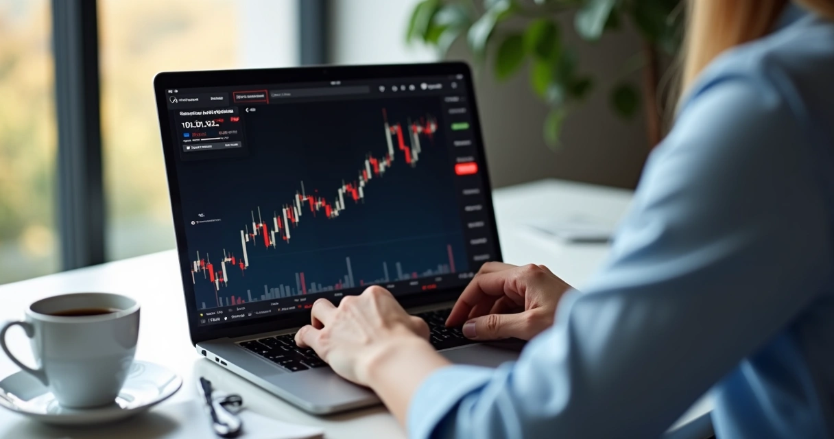 Trader usando plataforma em notebook e monitorando configurações de stop loss 