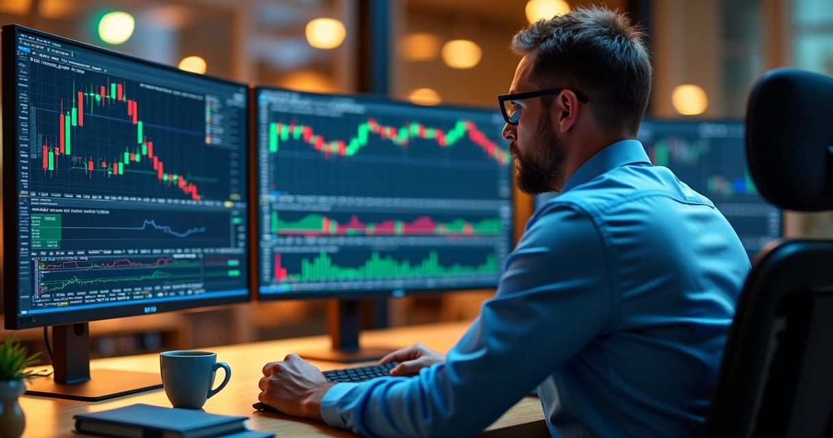 Trader at desk reviewing stock market charts on multiple monitors 