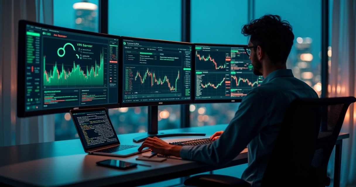 Trader analisando painel com VPS e bots de trading de criptomoedas 