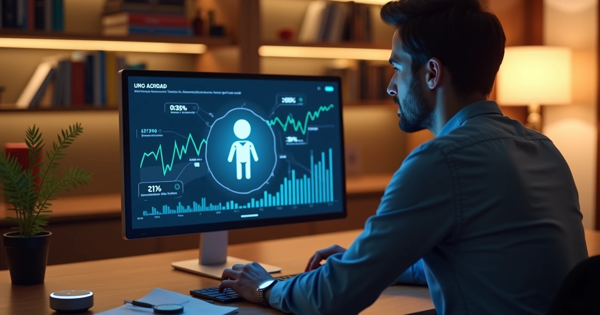 Pessoa observando um robô em tela de computador mostrando gráficos financeiros ascendentes